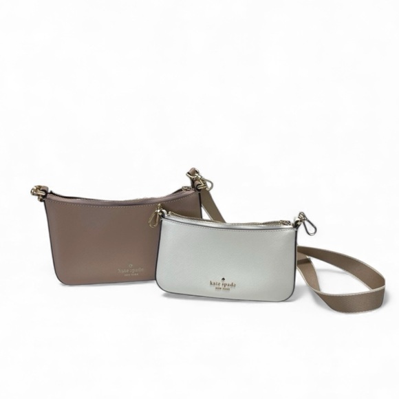 Kate Spade Taupe & Ivory Saffiano Double-Zip Convertible Crossbody Bag Purse Set - Picture 2 of 8